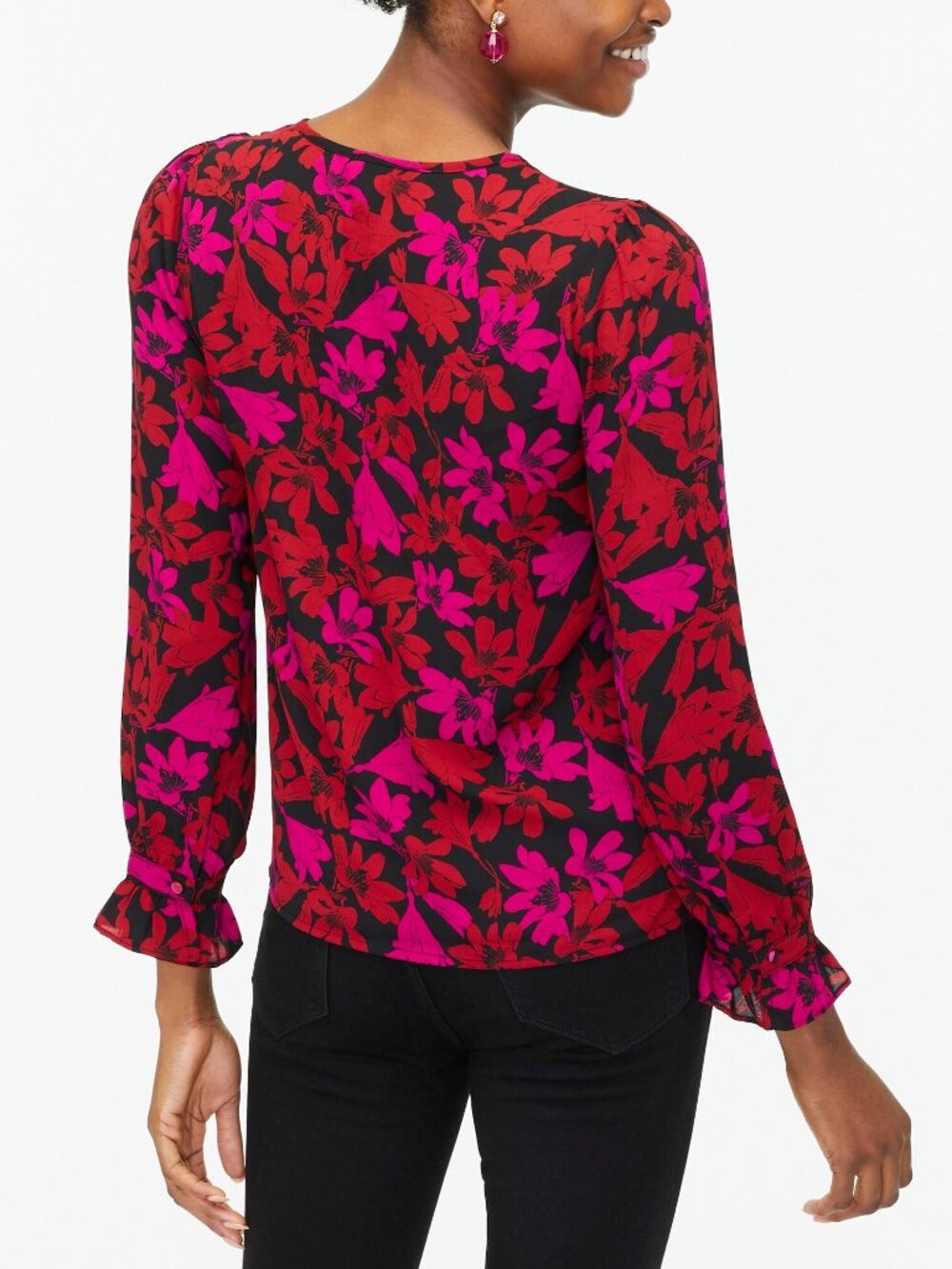 NWT J. Crew Size Large Red Fuchsia Pink Floral Button-Neck Top with Ruffle NEW - Picture 4 of 4